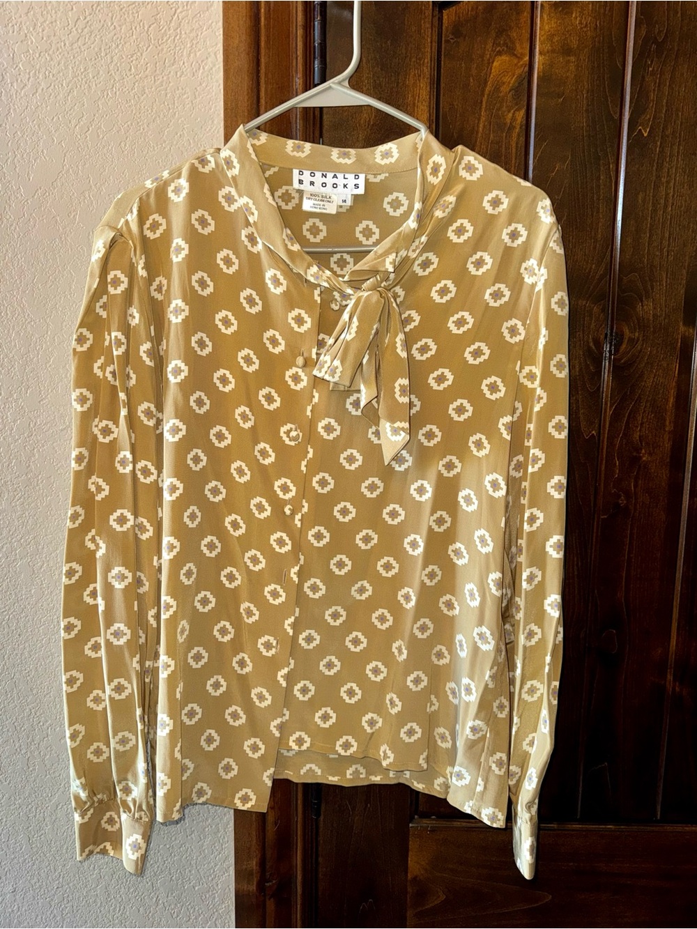 Donald Brooks Tan Floral Tie-Neck Blouse
